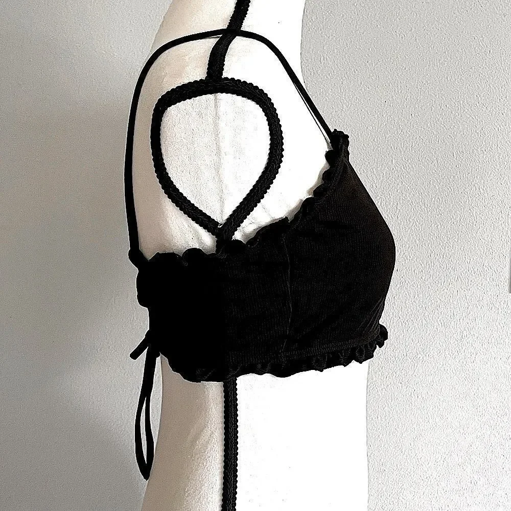 SHEIN, Black, High-Neck, Strappy Back-Tie, Ruffle-Detail Bikini Too. Medium.